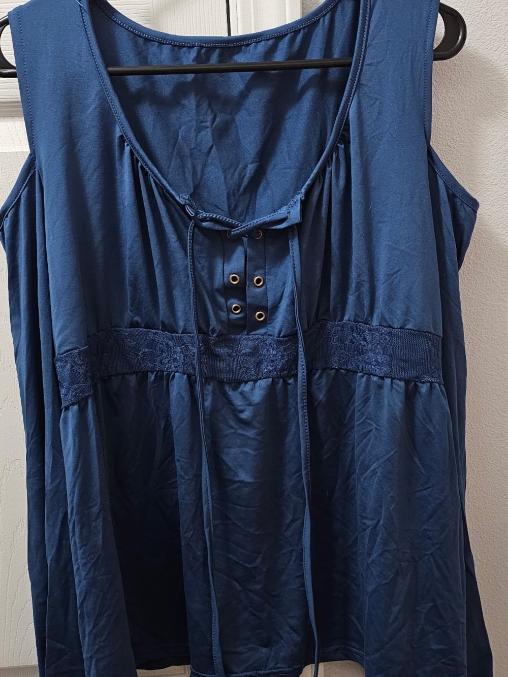 Navy Blue Sleeveless Lace-Trim Tie-Front Top